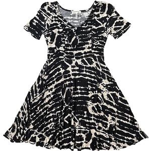 Monteau size small black white tan print short sleeve stretchy mini dress